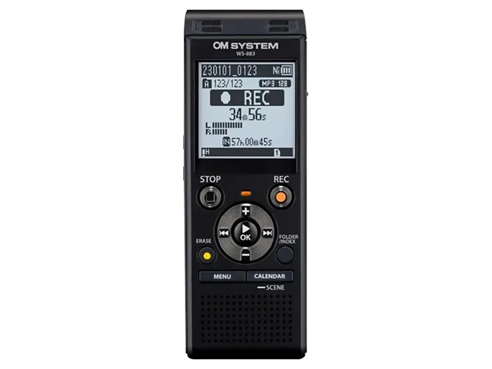 OM System WS883 Digital Voice Recorder, 4-7/16”H x 1-13/16”W x 7”D, Black