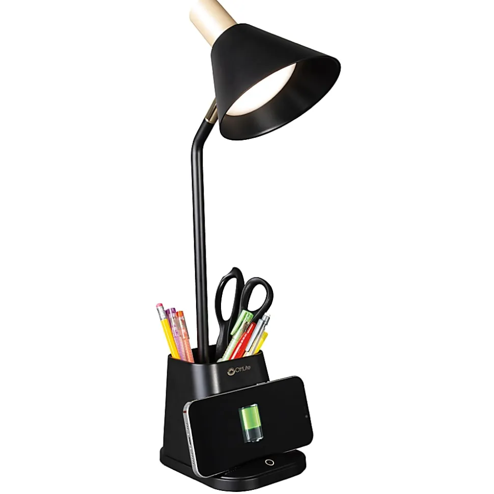 OttLite® Wellness Series Merge LED Desk Lamp With Wireless Charging, 18-1/4"H, Black Shade/Black Base