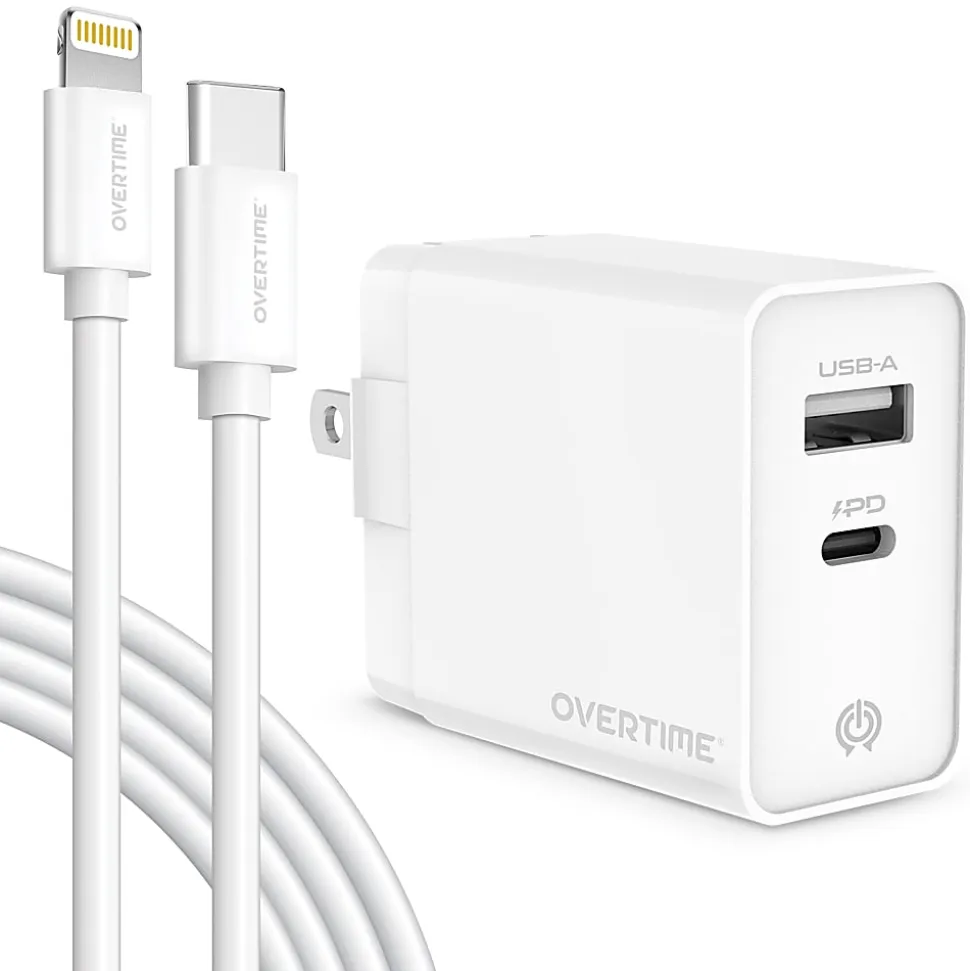 Overtime Dual-Port Wall Charger And 6' Apple MFi Lightning Cable, White