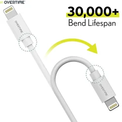 Overtime Dual-Port Wall Charger And 6' Apple MFi Lightning Cable, White