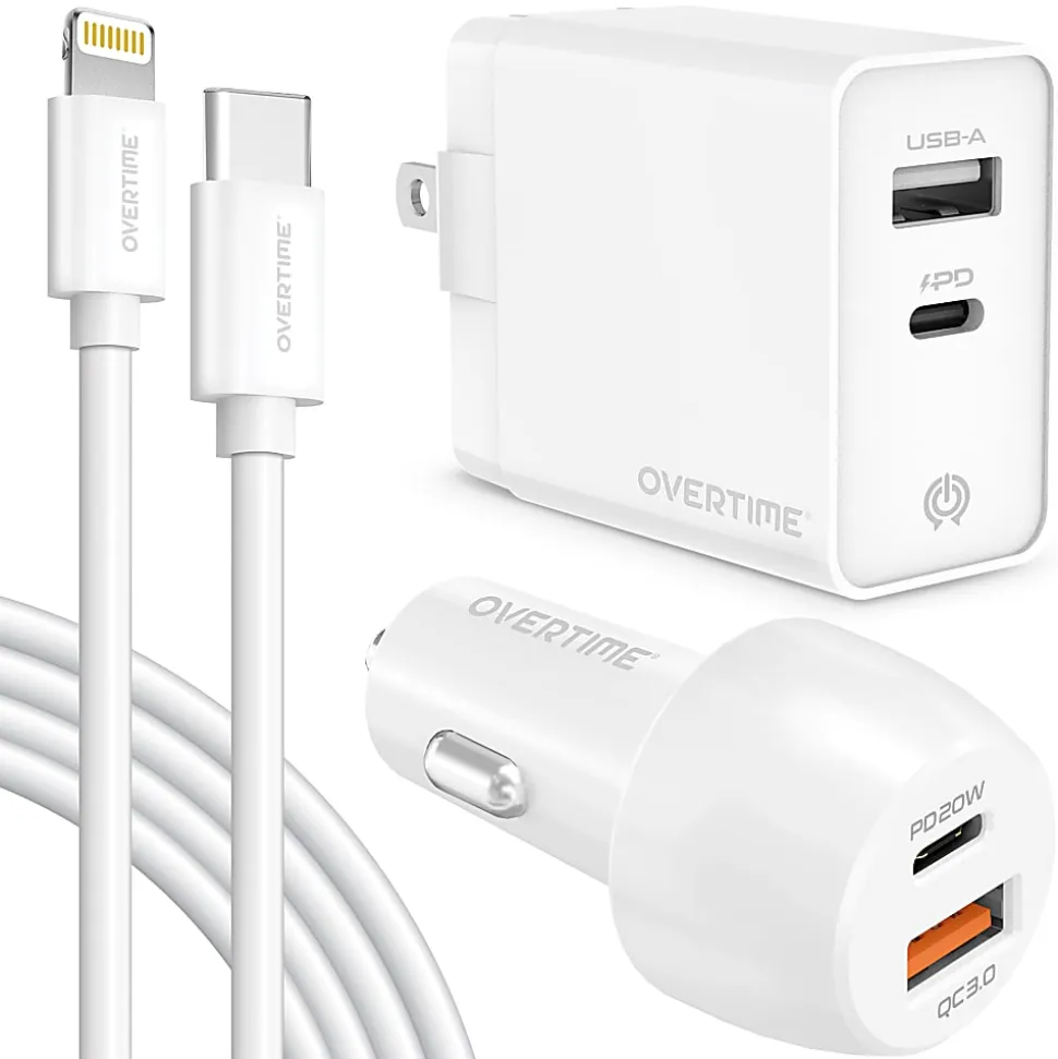 Overtime Wall And Car Charger Kit, 6', White, OHC6IC