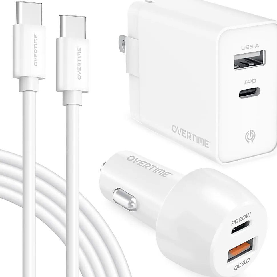 Overtime Wall And Car Charger Kit, 6', White, OHC6TC