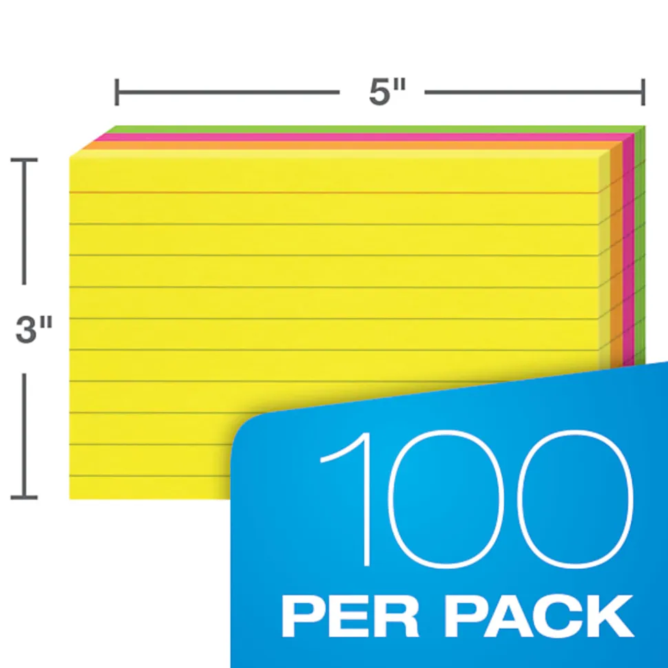 Oxford® Neon Index Cards, 3" x 5", Ruled, Assorted Colors, 100 Per Pack