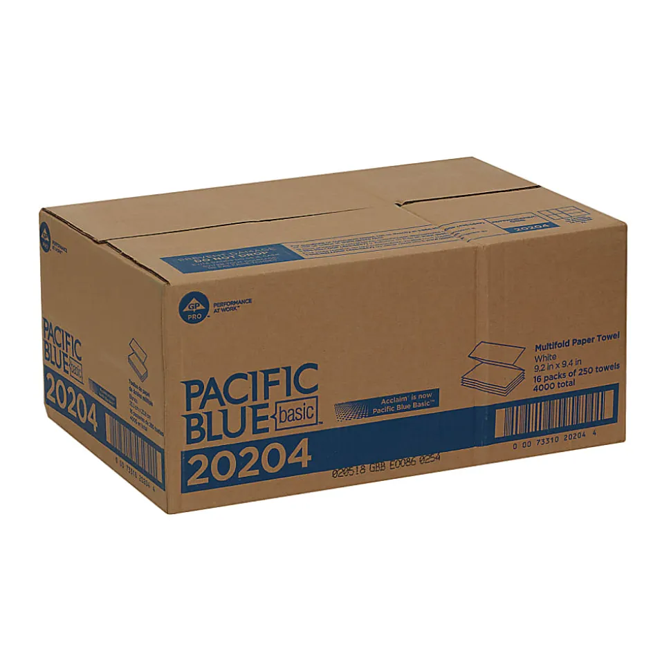 Pacific Blue Basic® by GP PRO, 1-Ply, Multifold Paper Towels, 9.2" X 9.4", White, 250 Sheets per Pack, 16 Packs Per Case