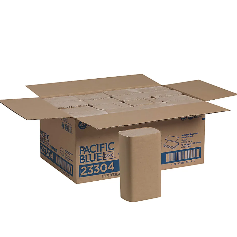 Pacific Blue Basic® by GP PRO, 1-Ply, Multifold Paper Towels, 9.2" X 9.4", 100% Recycled, Brown, 250 Sheets per Pack, 16 Packs Per Case
