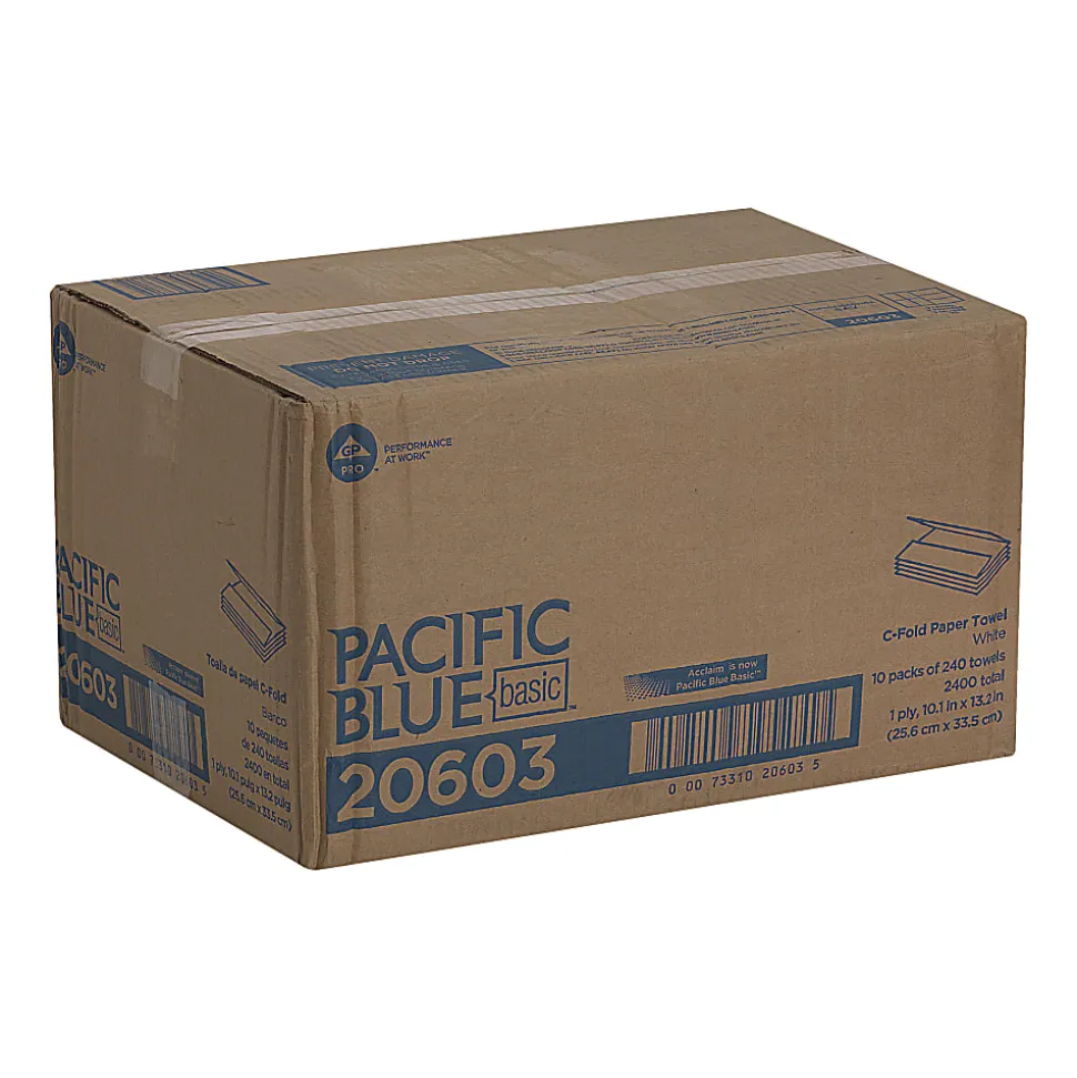 Pacific Blue Basic® by GP PRO, 1-Ply, C-Fold Paper Towels, 10.1" X 12.7", White, 240 Sheets per Pack, 10 Packs Per Case