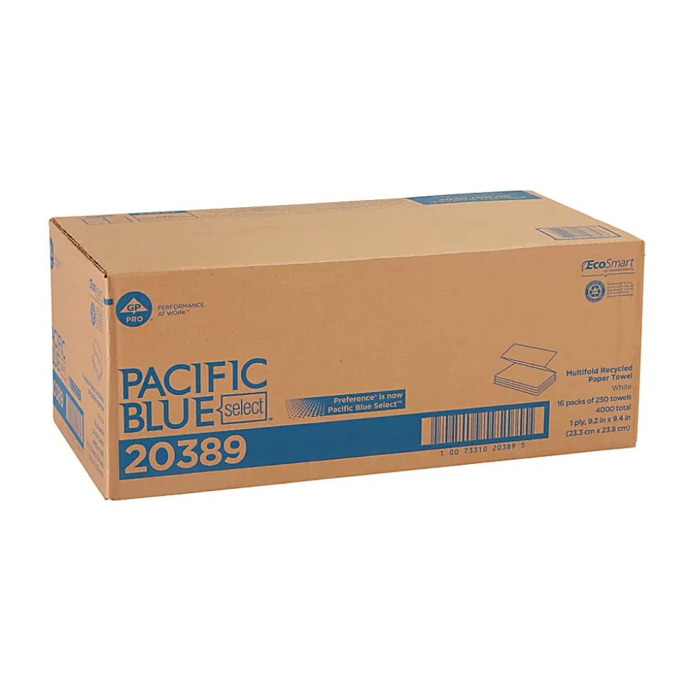 Pacific Blue Select® by GP PRO, 1-Ply, Multifold Towels, 9.2" X 9.4", 40% Recycled, White, 250 Sheets per Pack, 16 Packs Per Case