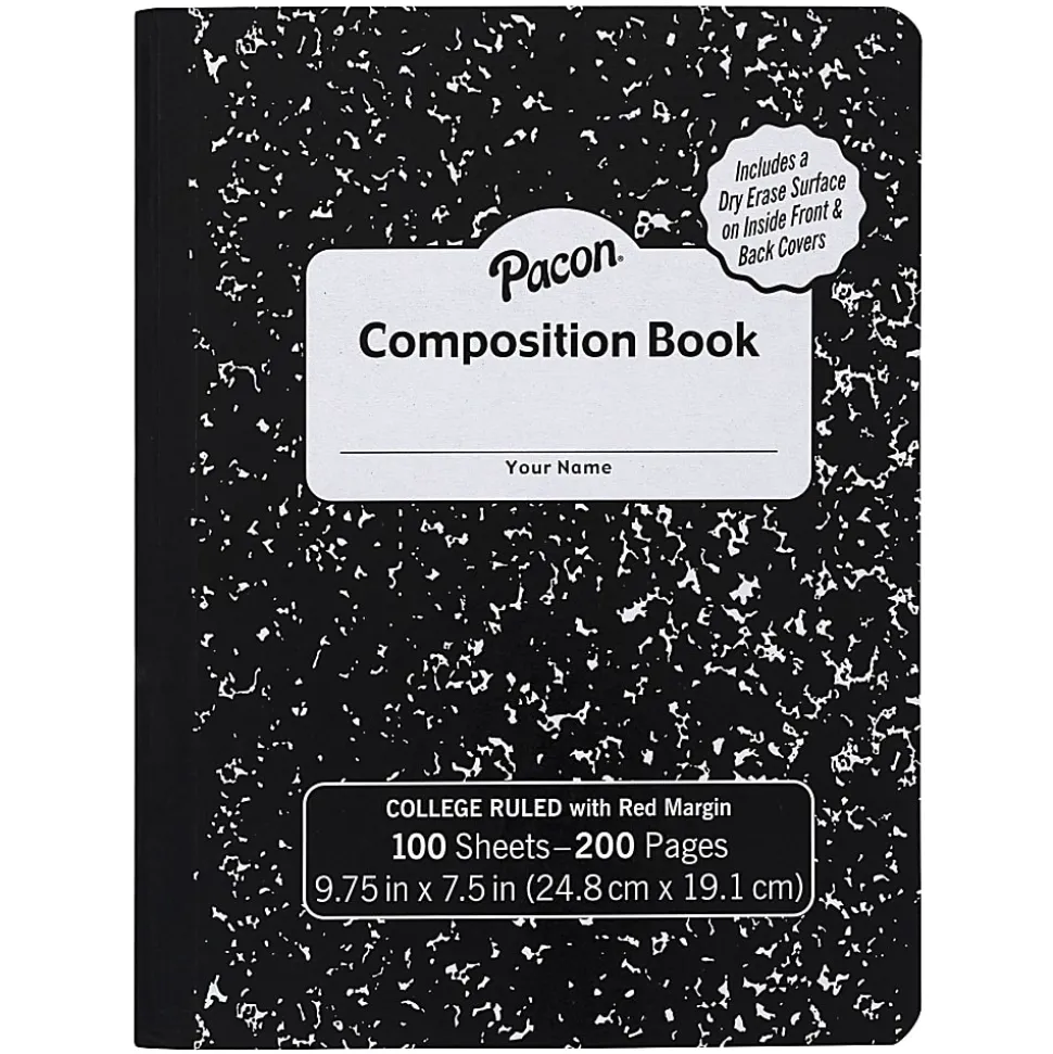 Pacon Composition Book, 9/32” Ruling With 9-3/4" x 7-1/2" Red Margin, Black Marble, 100 Sheets, Pack Of 6 Books
