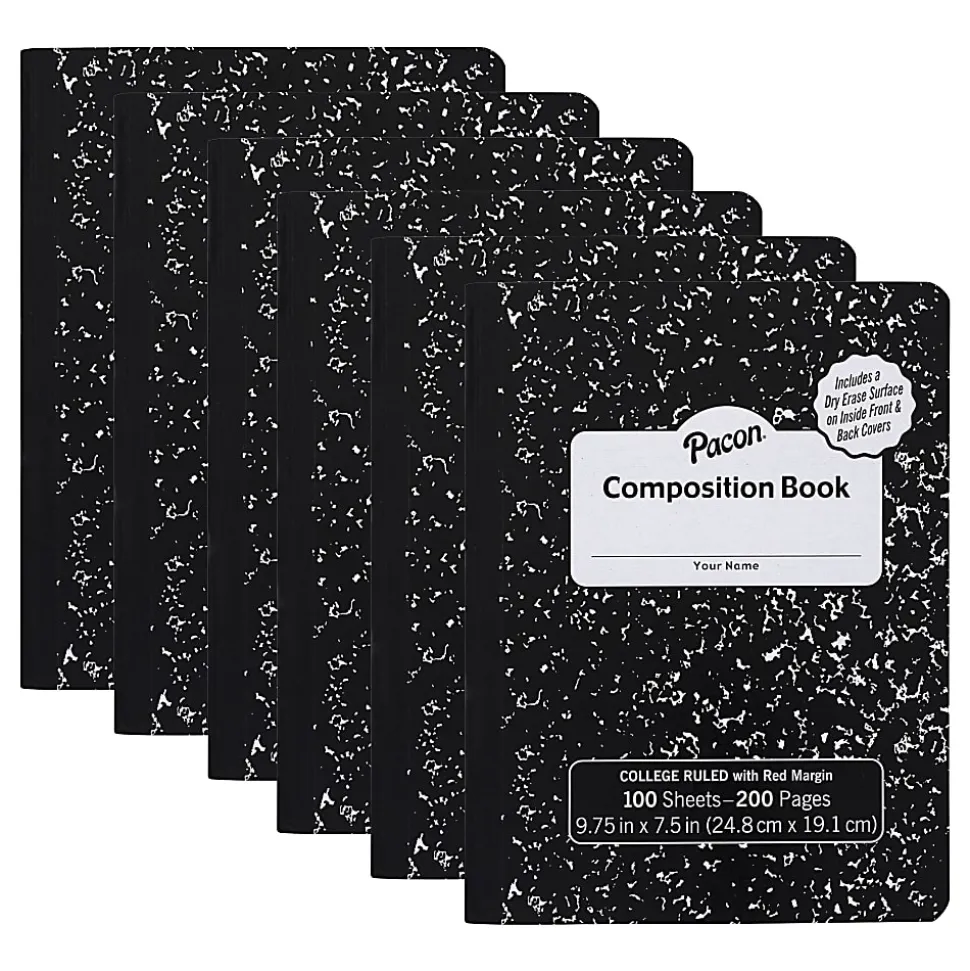 Pacon Composition Book, 9/32” Ruling With 9-3/4" x 7-1/2" Red Margin, Black Marble, 100 Sheets, Pack Of 6 Books
