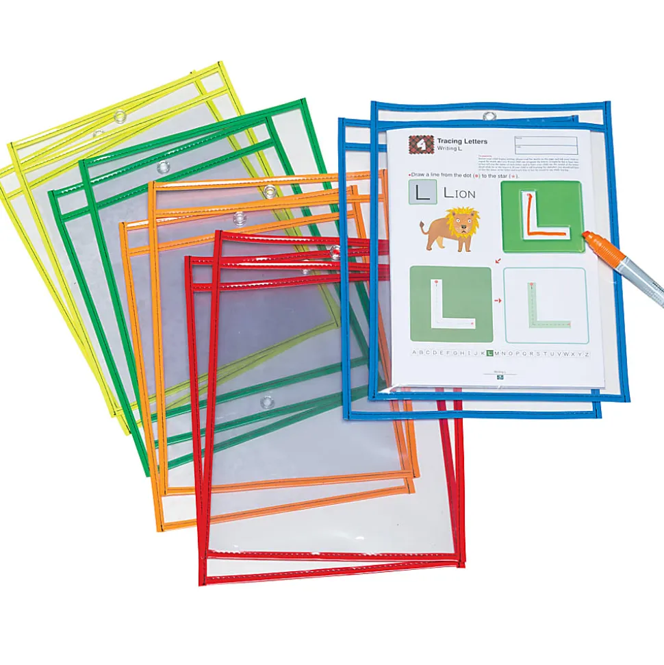 Pacon® Dry-Erase Pockets, 10" x 13-1/2", Assorted/Clear, Pack Of 10 Pockets
