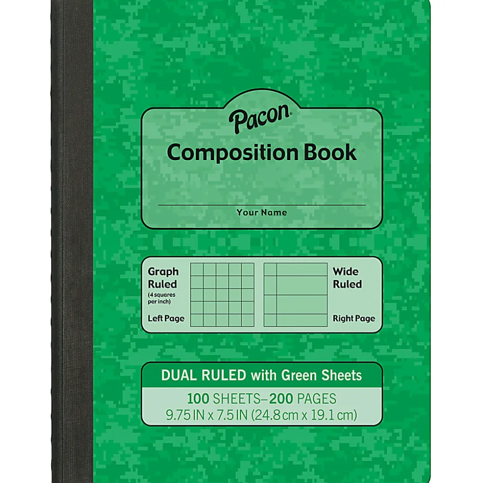 Pacon Dual Ruled Composition Books, 1/4” Grid And 3/8” (Wide) 9-3/4" x 7-1/2", Green, 100 Sheets, Pack Of 6 Books