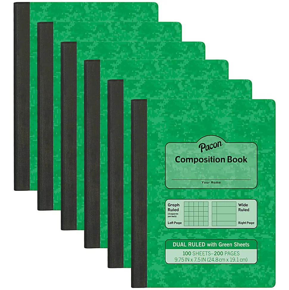 Pacon Dual Ruled Composition Books, 1/4” Grid And 3/8” (Wide) 9-3/4" x 7-1/2", Green, 100 Sheets, Pack Of 6 Books