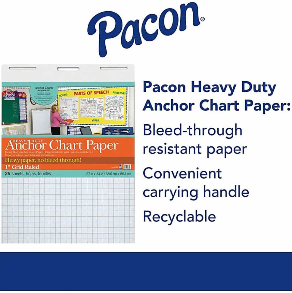 Pacon® Heavy Duty Anchor Chart Paper, 27" x 34", Grid Ruled, 25 Sheets, White, 4 Packs