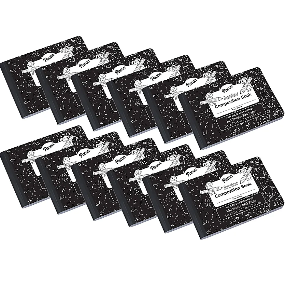 Pacon® Junior Composition Books, Wide Ruled, 5" x 7-1/2", Black Marble, 100 Sheets, Pack Of 12 Books