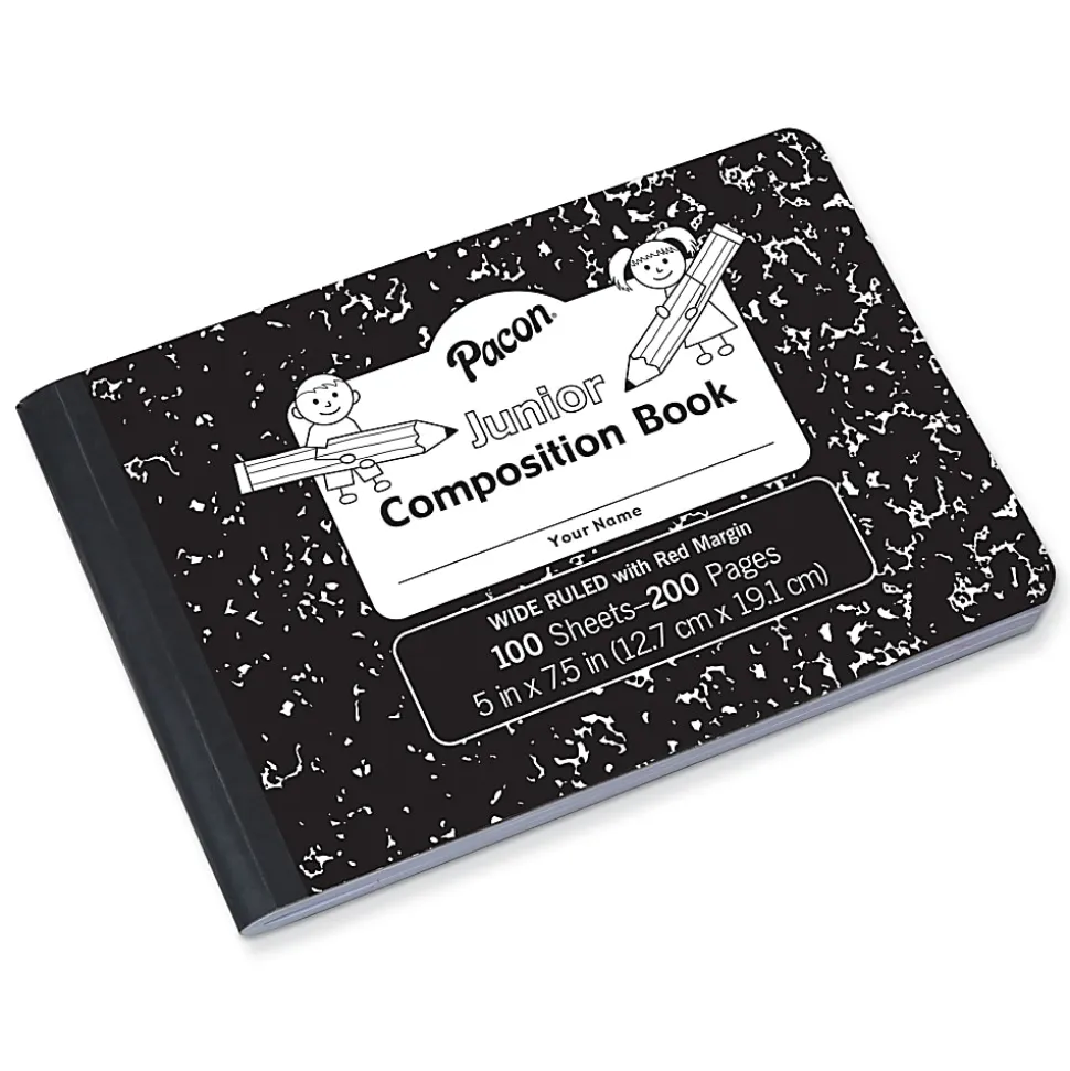 Pacon® Junior Composition Books, Wide Ruled, 5" x 7-1/2", Black Marble, 100 Sheets, Pack Of 12 Books