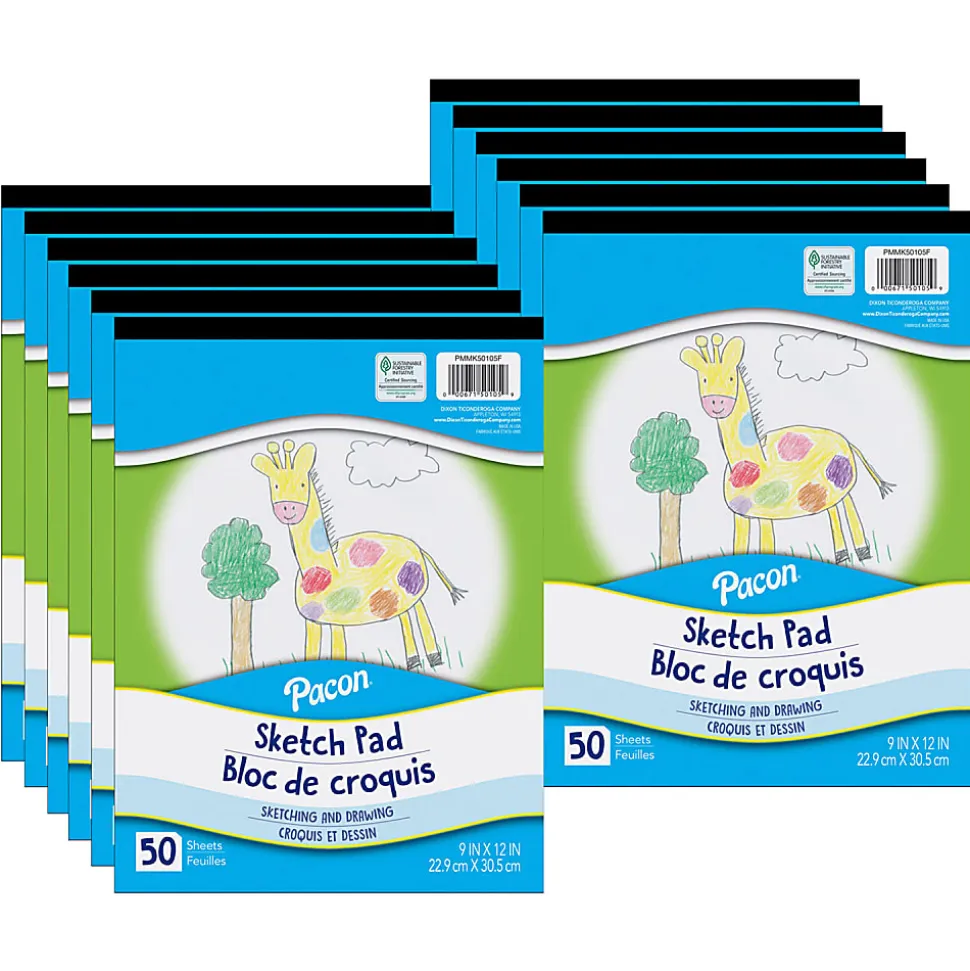Pacon Sketch Pads, 9" x 12", White, 50 Sheets Per Pad, Pack Of 12 Pads