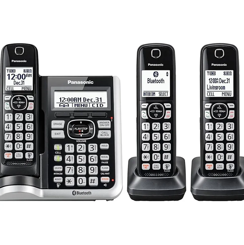 Panasonic® Link2Cell DECT 6.0 Cordless Telephone With Answering Machine And Dual Keypad, 3 Handsets, KX-TGF573S