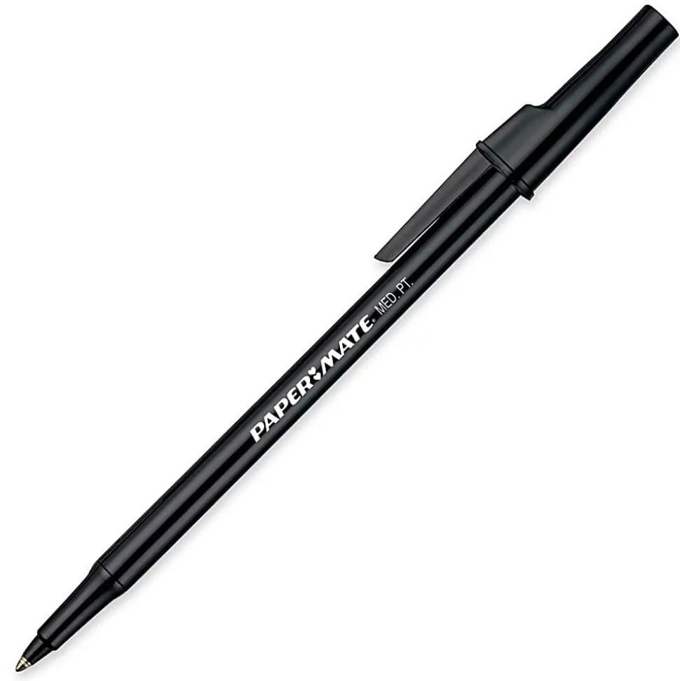Paper Mate® Ballpoint Stick Pens, Medium Point, 1.0 mm, Black Barrel, Black Ink, Pack Of 12