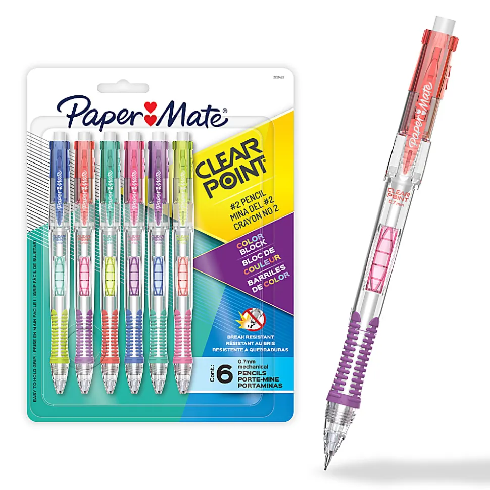Paper Mate Clearpoint Mechanical Pencil, Break-Resistant, Color Block Edition, HB #2 Lead (0.7mm), 6 Count