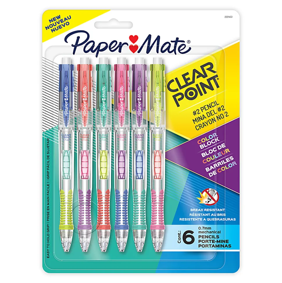 Paper Mate Clearpoint Mechanical Pencil, Break-Resistant, Color Block Edition, HB #2 Lead (0.7mm), 6 Count