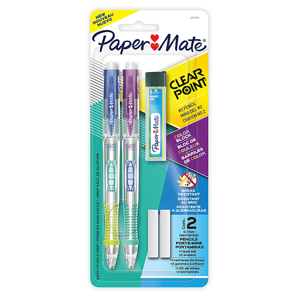 Paper Mate Clearpoint Mechanical Pencil, Color Block Edition, HB #2 Lead (0.7mm), Eraser/Refills, 5 Piece Set, 2221451
