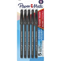 Paper Mate® EraserMate® Ballpoint Pens, Pack of 5, Medium Point, 1.0 mm, Black Barrel, Black Ink
