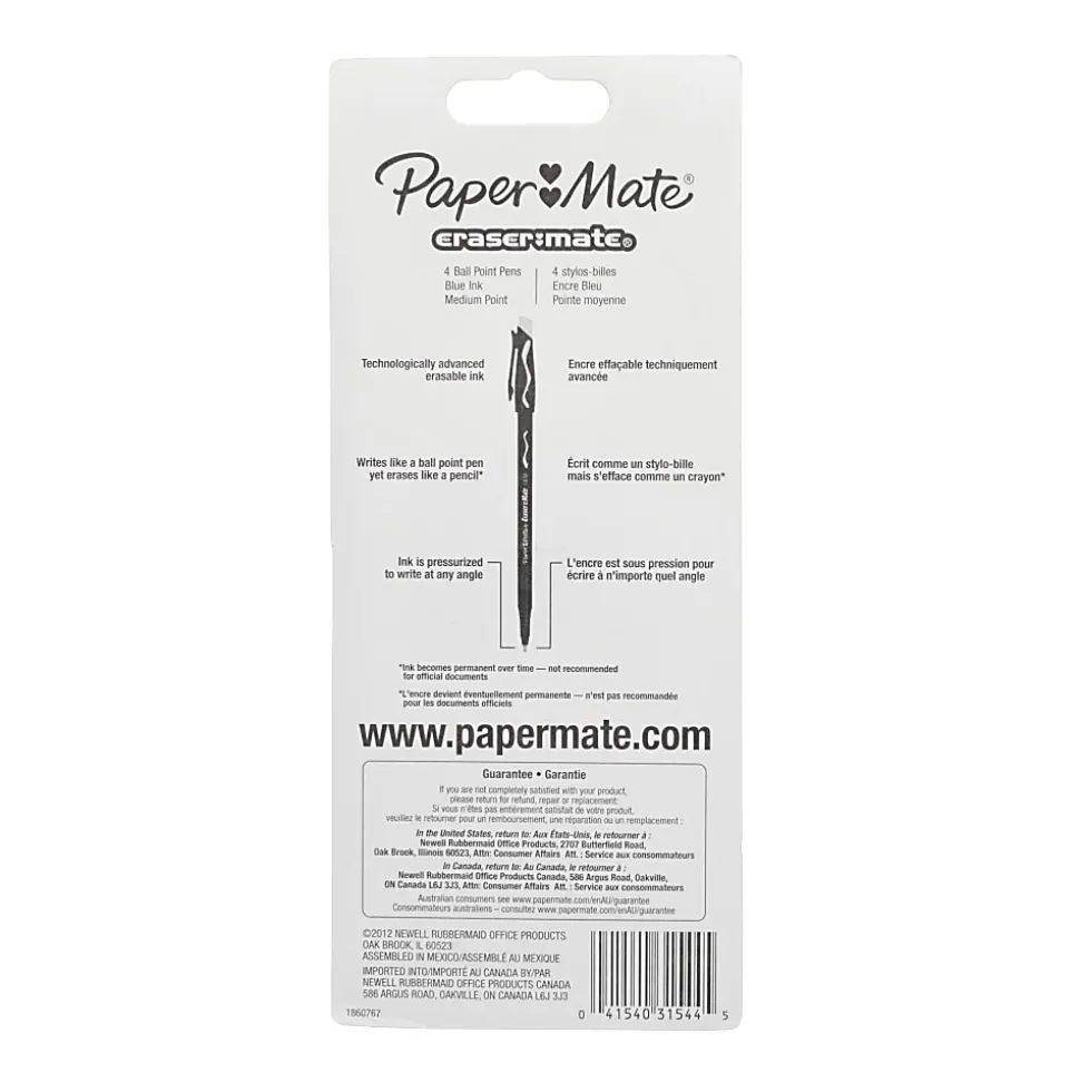 Paper Mate® EraserMate® Ballpoint Pens, Pack of 4, Medium Point, 1.0 mm, Blue Barrel, Blue Ink