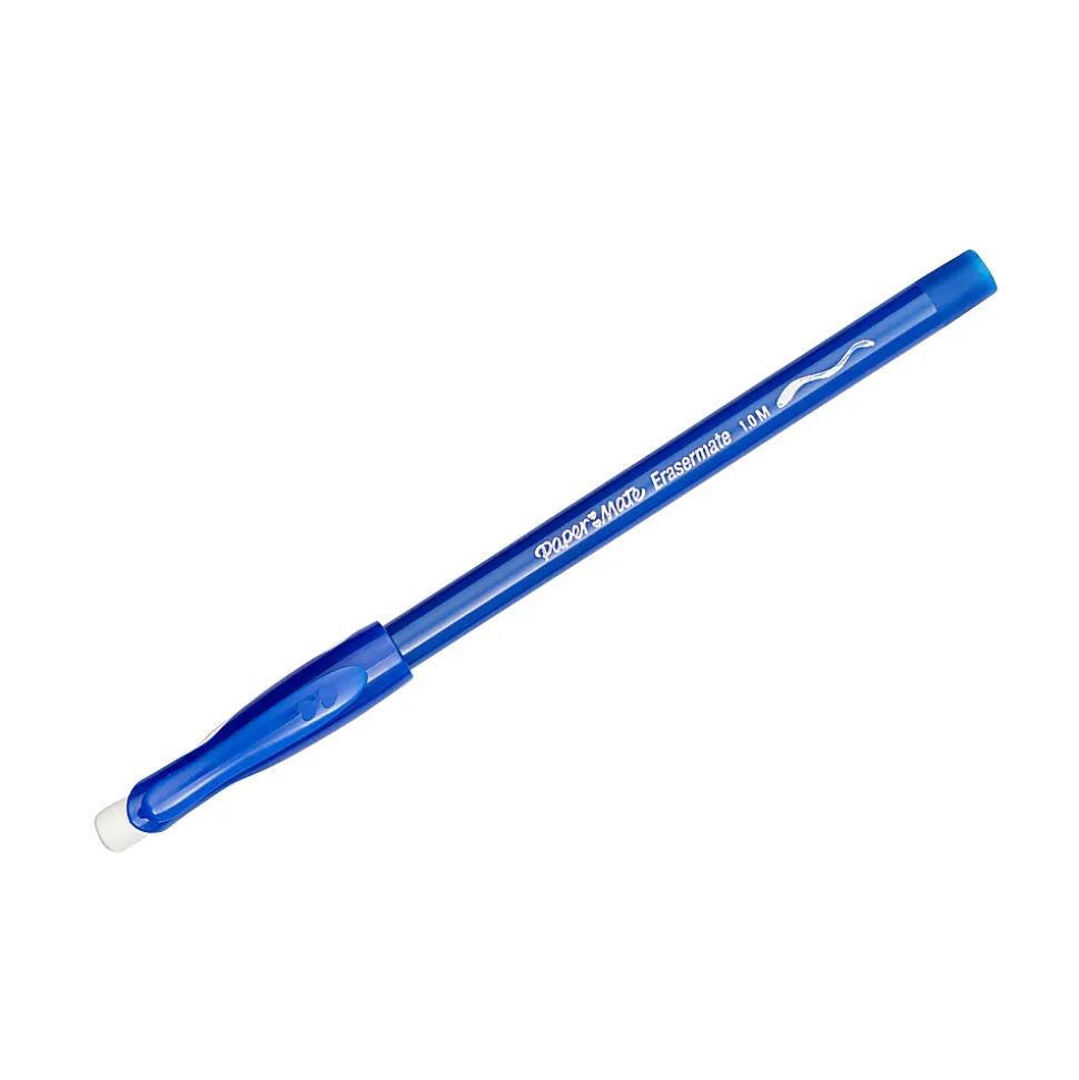 Paper Mate® EraserMate® Ballpoint Pens, Pack of 4, Medium Point, 1.0 mm, Blue Barrel, Blue Ink