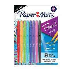 Paper Mate Flair Dual Felt-Tip Pens, Pack Of 8 Pens, Brush And Medium Tips, Assorted Barrel Colors, Assorted Ink Colors