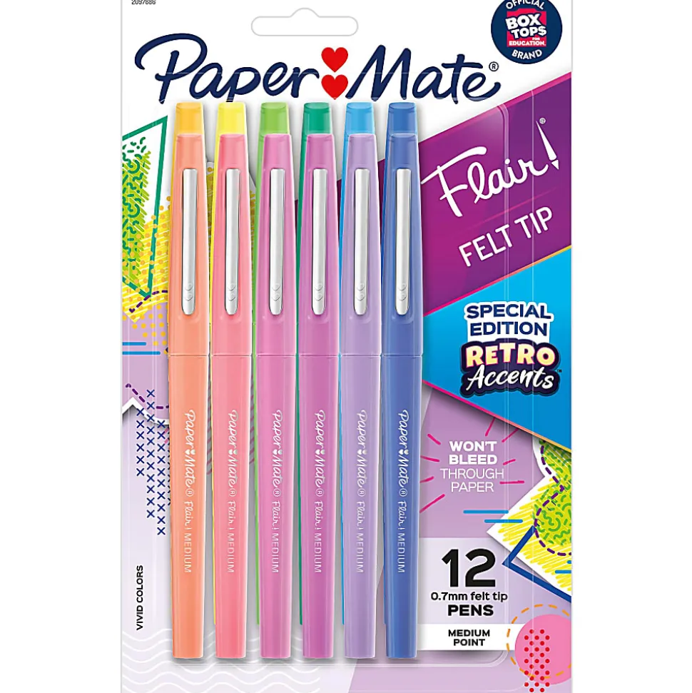Paper Mate® Flair® Felt Tip Pens, Medium Point, Assorted, Special Edition Retro Accents, 12 Pack