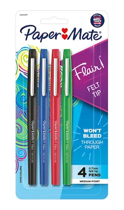 Paper Mate® Flair® Porous-Point Pens, Medium Point, 0.7 mm, Assorted Ink Colors, Pack Of 4 Pens