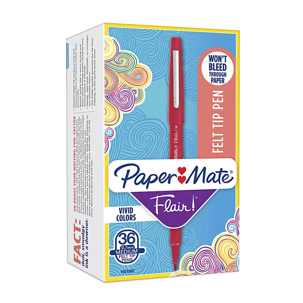 Paper Mate® Flair Porous-Point Stick Pens, Medium Point, 0.7 mm, Red Barrel, Red Ink, Pack Of 36