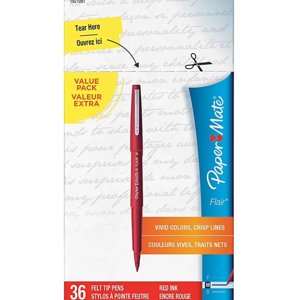 Paper Mate® Flair Porous-Point Stick Pens, Medium Point, 0.7 mm, Red Barrel, Red Ink, Pack Of 36