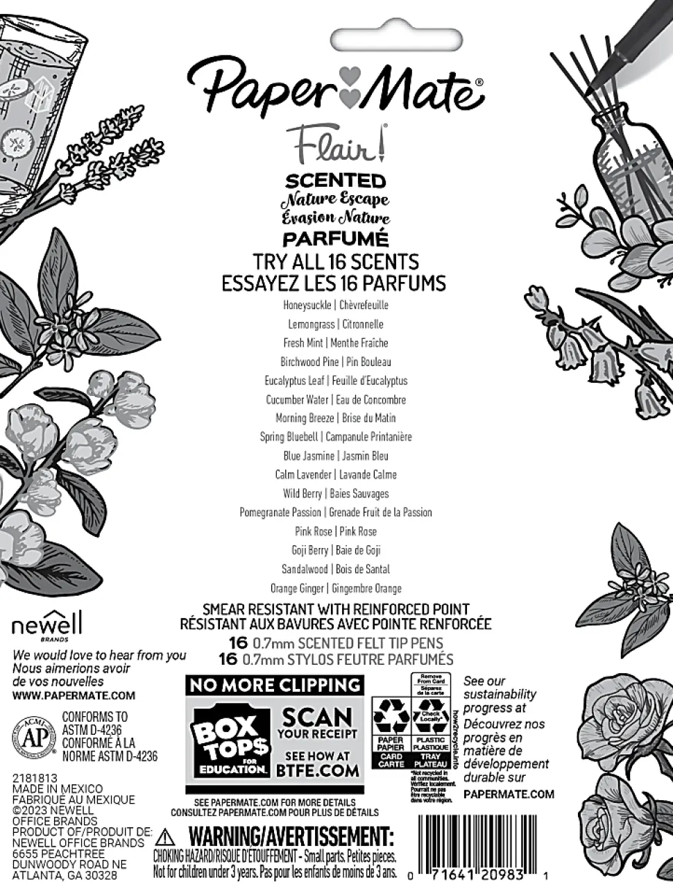 Paper Mate Flair Scented Felt-Tip Pens, Pack Of 16 Pens, Medium Tips, 0.7 mm, Assorted Nature Escape Scents And Colors