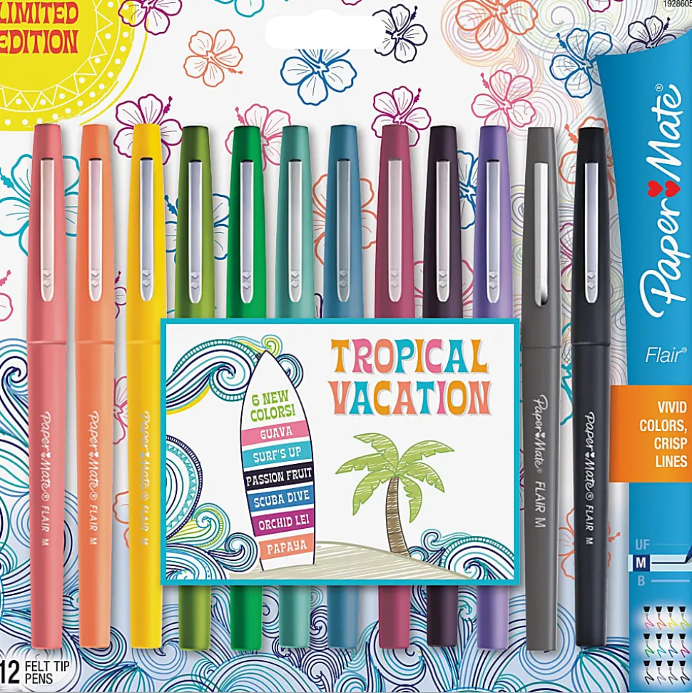 Paper Mate® Flair® Tropical Vacation Felt Tip Pens, Medium Point, 0.7 mm, Assorted Colors, Pack Of 12