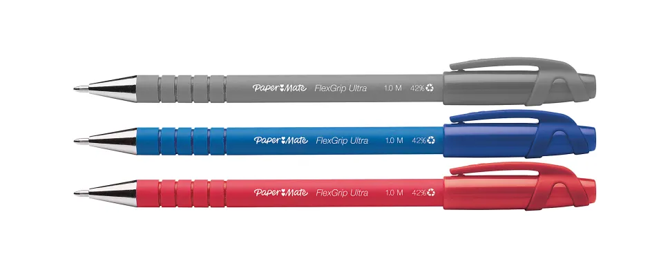 Paper Mate® FlexGrip Ultra™ Ballpoint Pens, Medium Point, 1.0 mm, 42% Recycled, Blue Barrel, Blue Ink, Pack Of 12