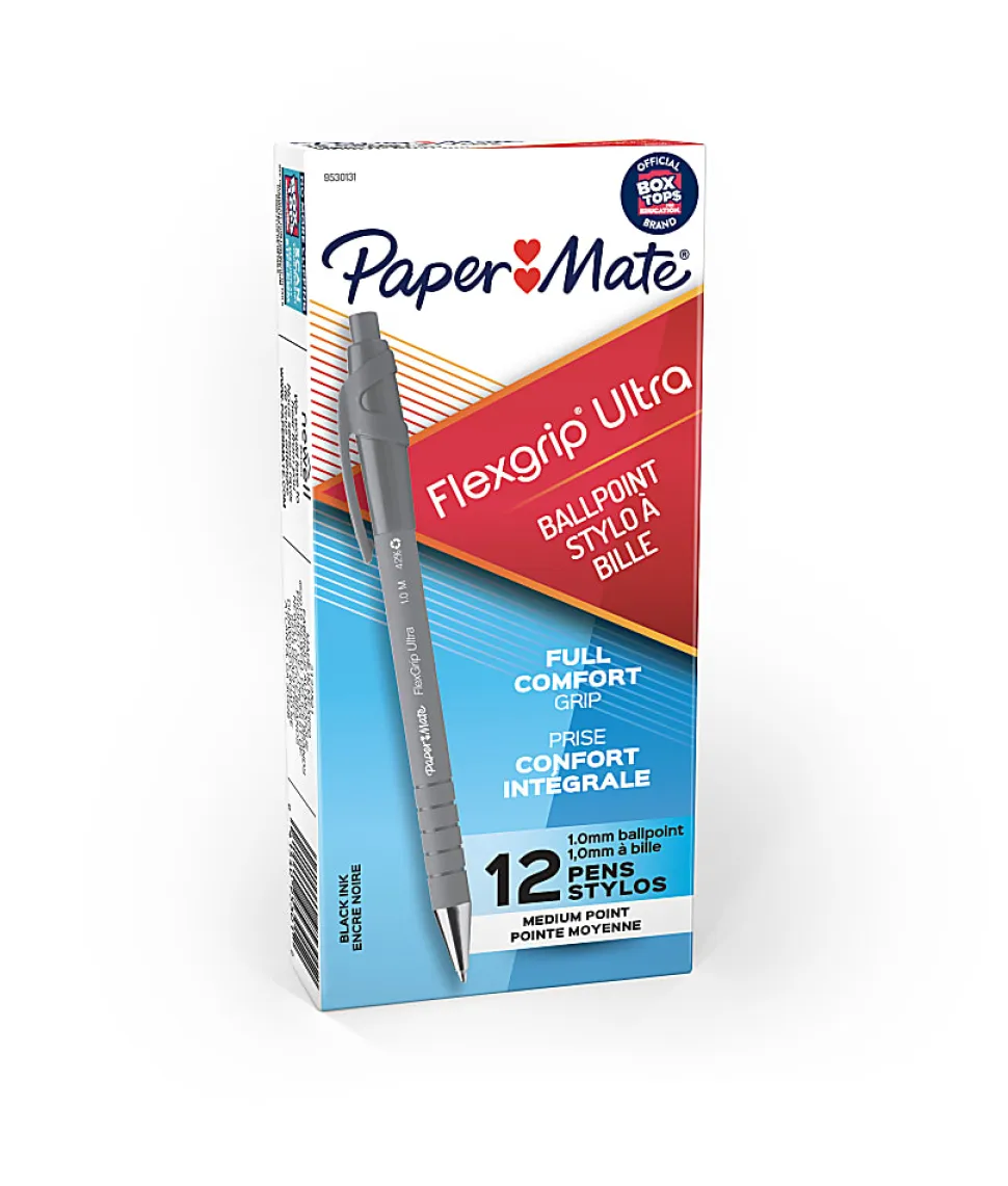 Paper Mate® FlexGrip Ultra™ 42% Recycled Retractable Pens, Medium Point, 1.0 mm, Gray Barrel, Black Ink, Pack Of 12