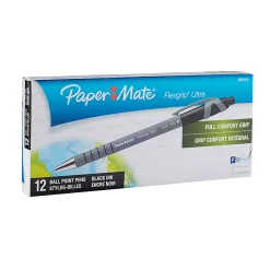 Paper Mate® FlexGrip Ultra™ Retractable Pens, Fine Point, 0.8 mm, Black Barrel, Black Ink, Pack Of 12