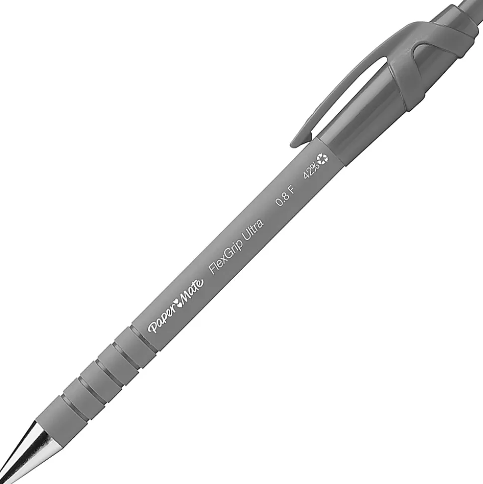 Paper Mate® FlexGrip Ultra™ Retractable Pens, Fine Point, 0.8 mm, Black Barrel, Black Ink, Pack Of 12