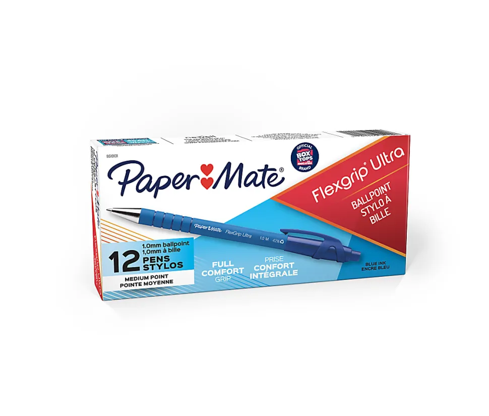 Paper Mate® FlexGrip Ultra™ Retractable Pens, Medium Point, 1.0 mm, 42% Recycled, Blue Barrel, Blue Ink, Pack Of 12 Pens