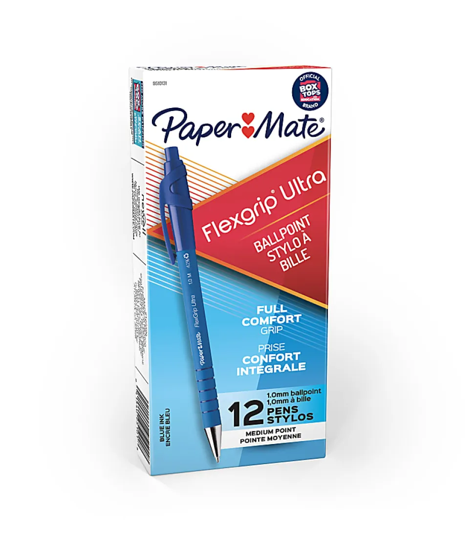 Paper Mate® FlexGrip Ultra™ Retractable Pens, Medium Point, 1.0 mm, 42% Recycled, Blue Barrel, Blue Ink, Pack Of 12 Pens