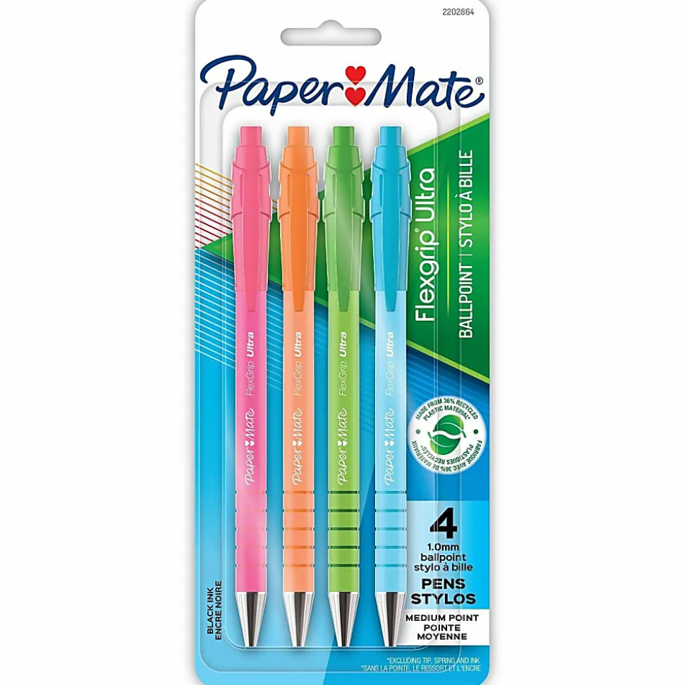Paper Mate FlexGrip Ultra Retractable Ballpoint Pens, Medium Point, 1.0 mm, Assorted Barrel Colors, Black Ink, Pack Of 4 Pens