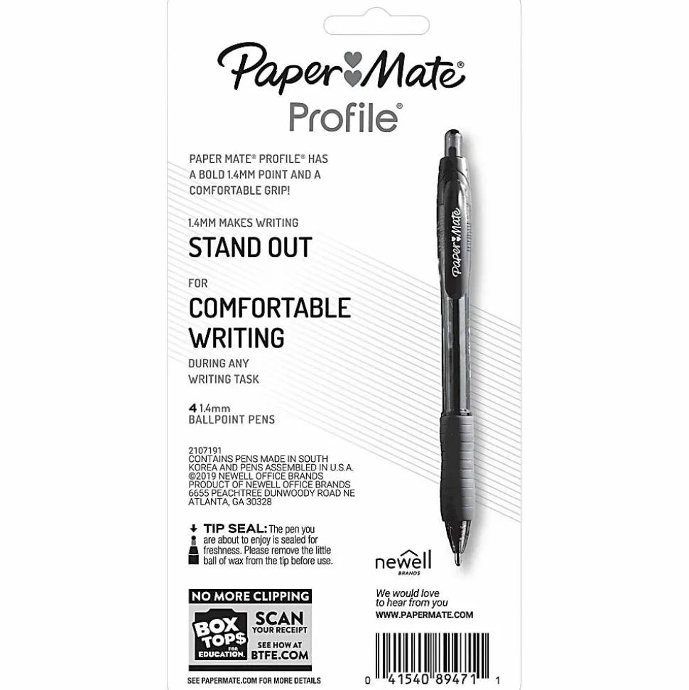 Paper Mate Gel Pen, Profile Retractable Pen, 0.7mm, Black, 4 Count