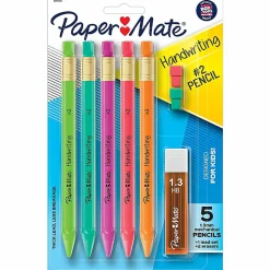 Paper Mate® Handwriting Mechanical Pencil Set, #2 Lead, 1.3 mm, Assorted Colors, Pack Of 5 Pencils