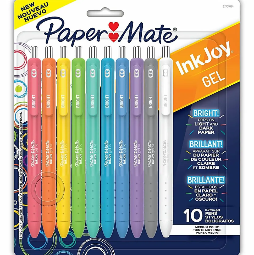 Paper Mate InkJoy Bright Pens, Gel Pens, Medium Point (0.7mm), Retractable, Assorted Brighter Colors, 10 Count