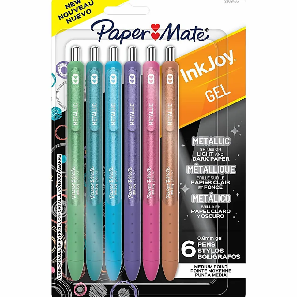 Paper Mate InkJoy Gel Pens, Metallic Pens, Retractable, Medium Point, (0.8mm) Assorted Colors, 6 Count