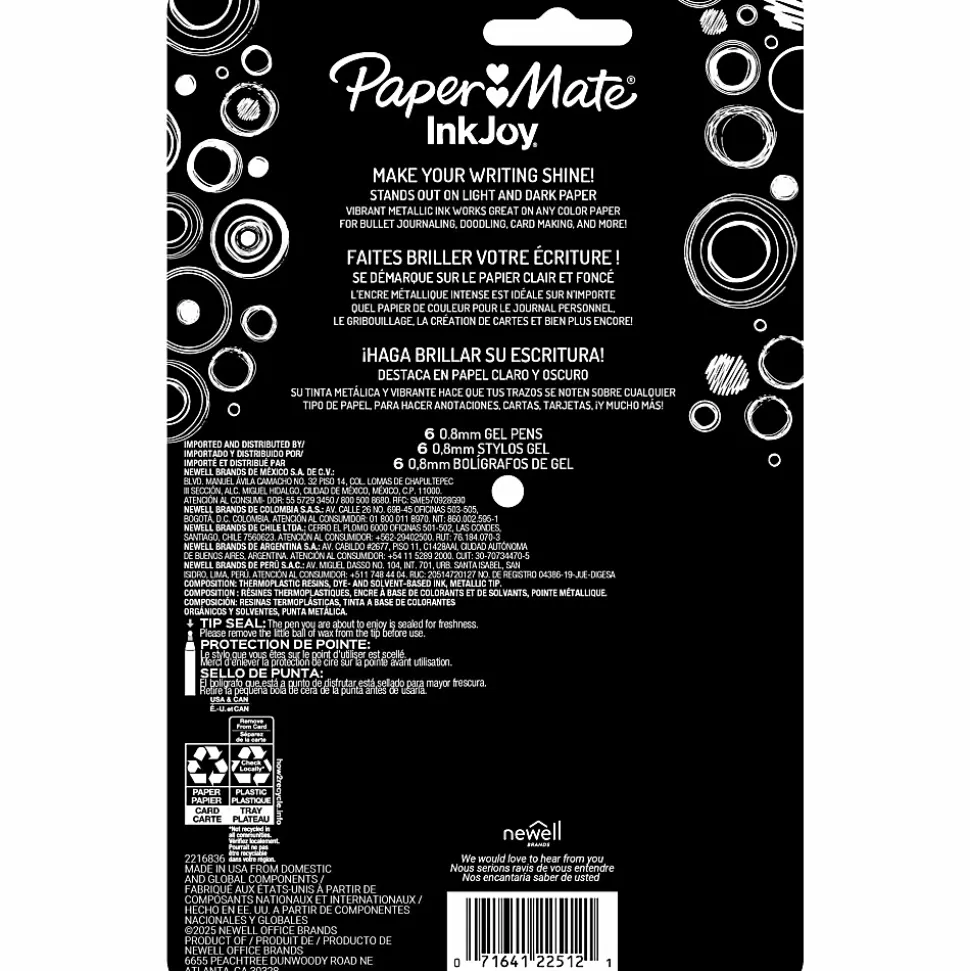 Paper Mate InkJoy Gel Pens, Metallic Pens, Retractable, Medium Point, (0.8mm) Assorted Colors, 6 Count