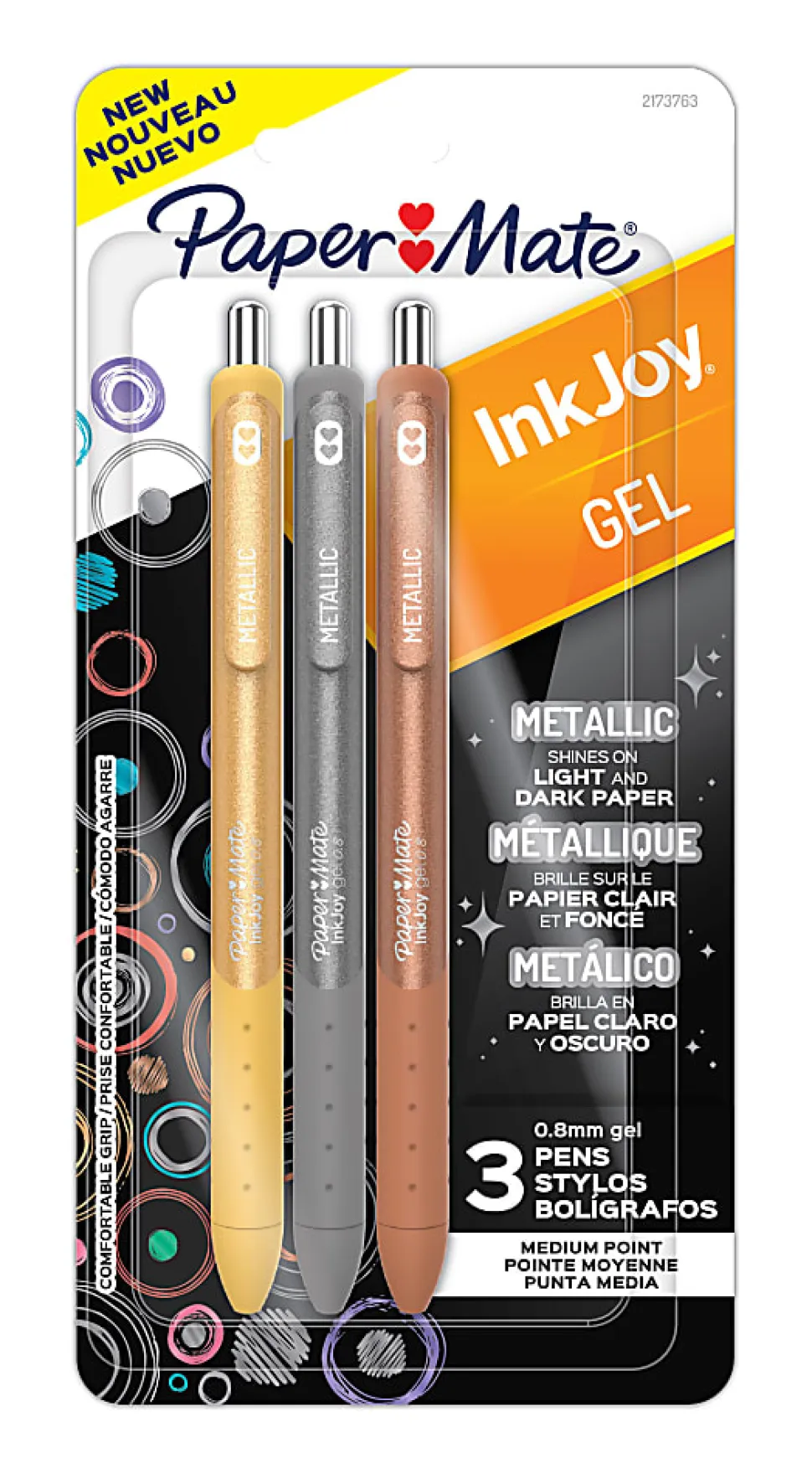 Paper Mate InkJoy Gel Pens, Metallic Pens, Retractable, Medium Point (0.8mm) Assorted Colors, 3 Count