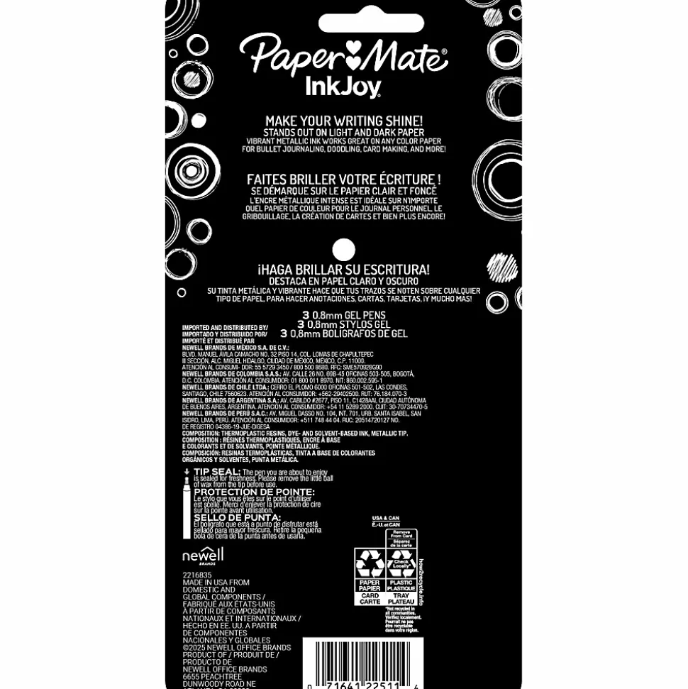 Paper Mate InkJoy Gel Pens, Metallic Pens, Retractable, Medium Point (0.8mm) Assorted Colors, 3 Count