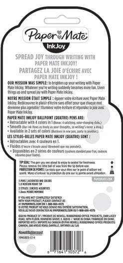 Paper Mate® InkJoy™ Quatro Retractable Ballpoint Pens, Medium Point, 1.0 mm, White Barrels, Assorted Ink Colors, Pack Of 3